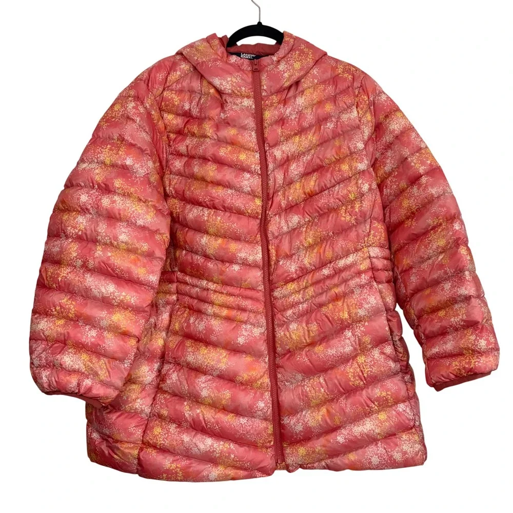 Lands End Womens 2X Down Puffer Jacket Pink Orange Floral Hooded‎ Quilted Coat